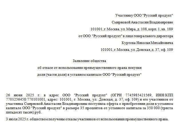 Пример заявления акционера об отказе