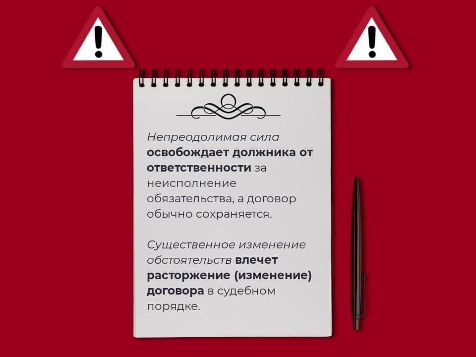 Кроме того, если причина расторжения договора связана с физическими или логистическими проблемами, не зависящими от подрядчика, возможность расторжения договора может зависеть от того, считаются ли эти условия событиями «непреодолимой силы». В таких случаях важно понимать, как эти положения могут повлиять на право подрядчика расторгнуть договор и на возможность получения какой-либо компенсации или возмещения за невыполненные обязанности.