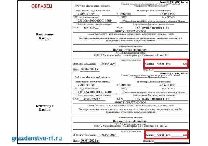 Квитанция об оплате пошлины за подачу заявления на получение вида на жительство