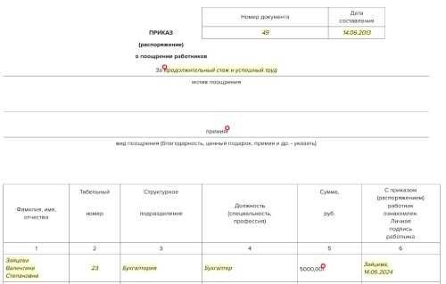 Приказ о поощрении работника заполненный образец