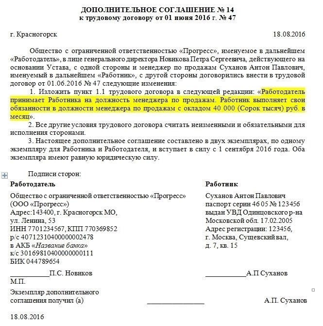 Требования к дополнительному соглашению к трудовому договору